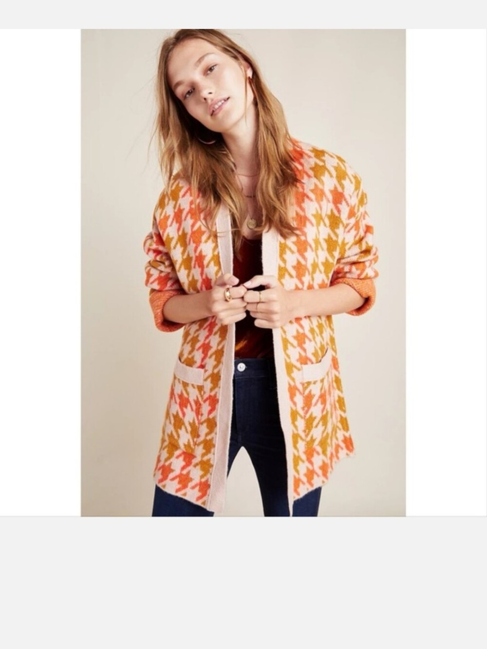 Anthropologie Open-Front Houndstooth Cardigan Sweater in Pink, Camel & Cream